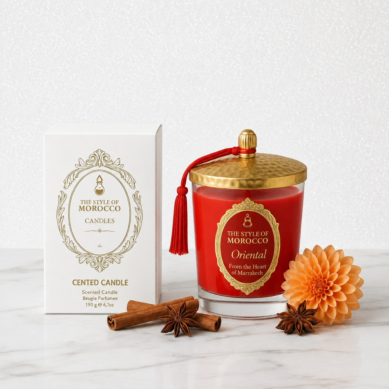 Oriental Glow luxe geurkaars – The Style of Morocco, warm en mysterieus, geïnspireerd op Marrakech"