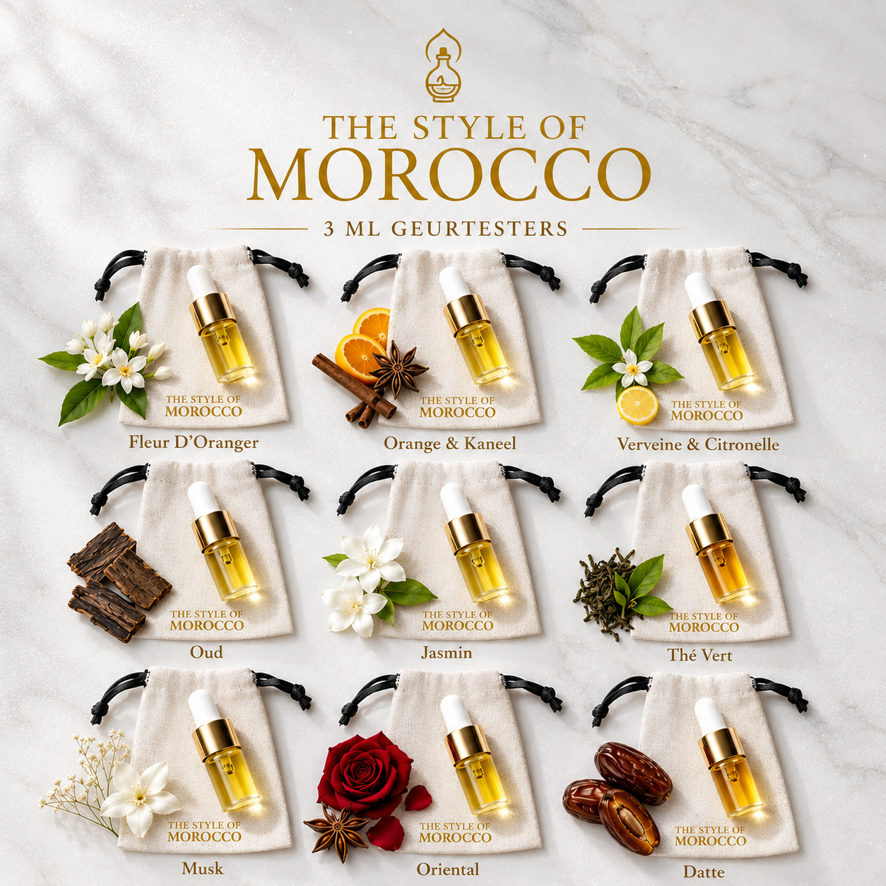 Luxe geurkaars tester 3ml – The Style of Morocco, probeer onze Marokkaanse huisgeuren
